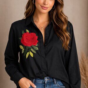 Rodeo Quincy XL Black Button Down Blouse Red Rose Embroidered Western Shirt